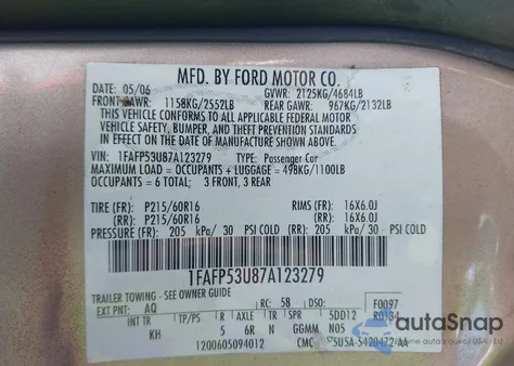 2007 Ford Taurus Se z USA, uszkodzony, nr VIN 1FAFP53U87A123279